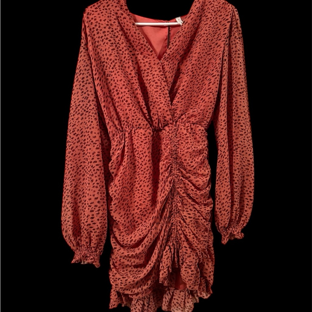 Glam Brown and Orange Red Ruched Wrap Dress with Bishop Sleeves